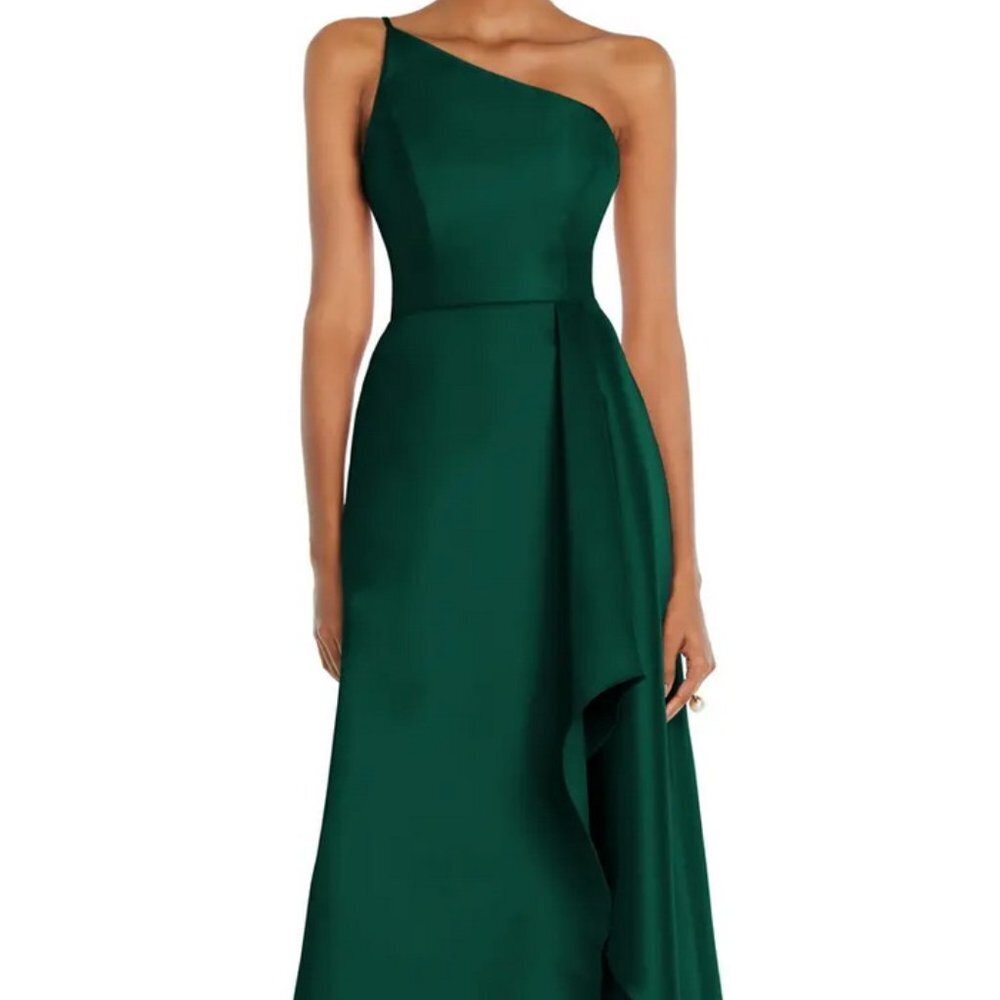Alfred Sung Hunter Green One-Shoulder Satin Gown D831